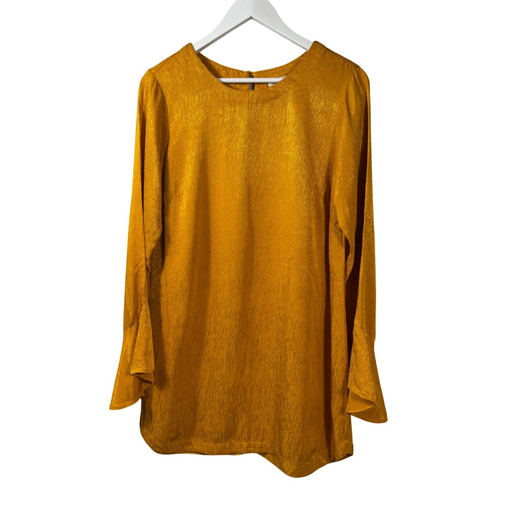 R.G. Kane Mustard Gold Textured Bell Sleeve Tunic Top Small Viscose Shimmer‎